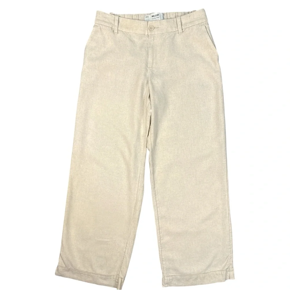 Hollister Low Rise Wide Leg Cuffed Linen Blend Pants Size Small-Long Ecru Cream